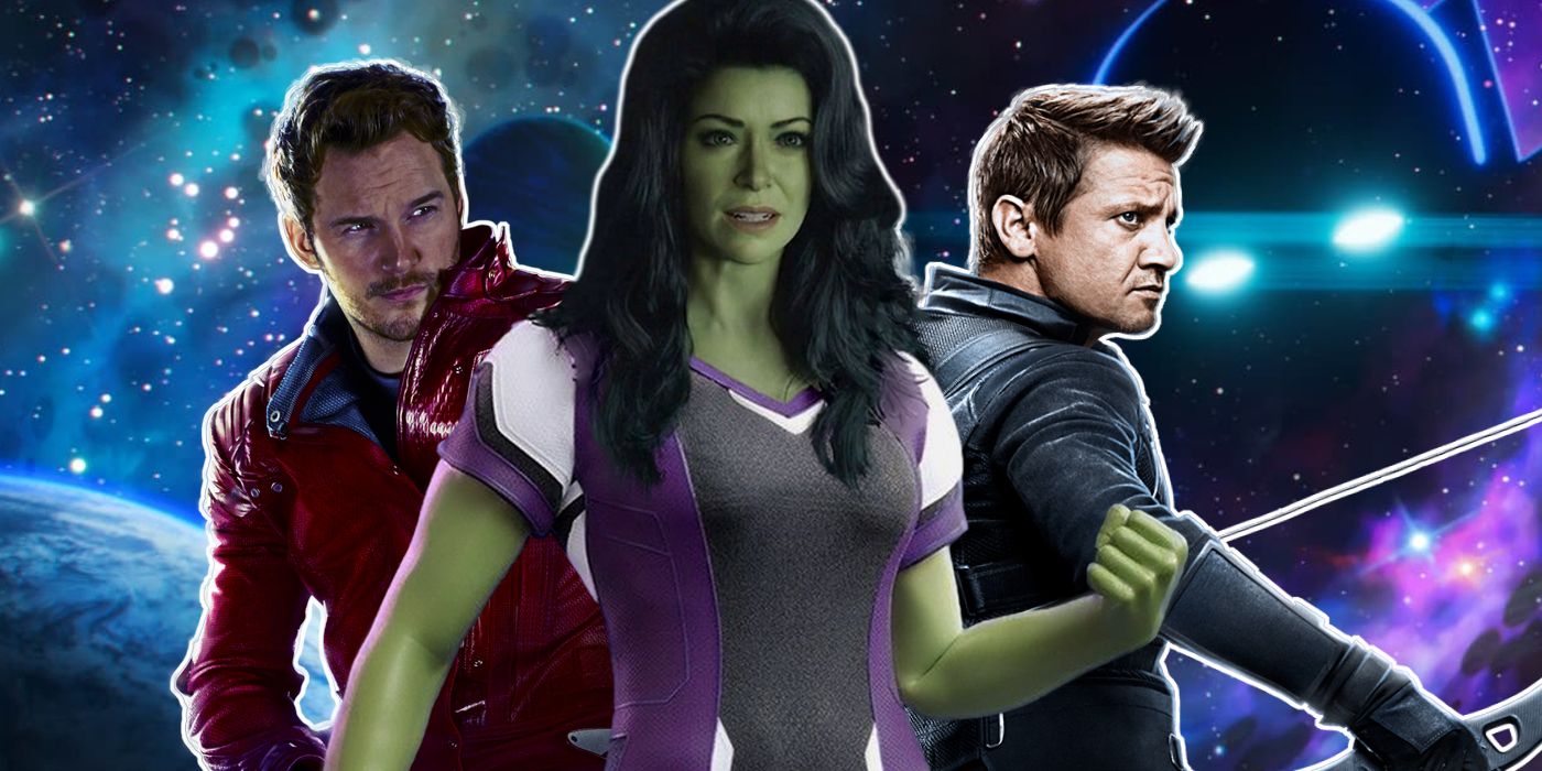 Split image of She-Hulk, Star-Lord, and Hawkeye with The Watcher in space behind them