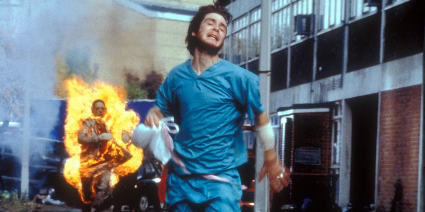 Jim running from a zombie on fire in 28 Days Later