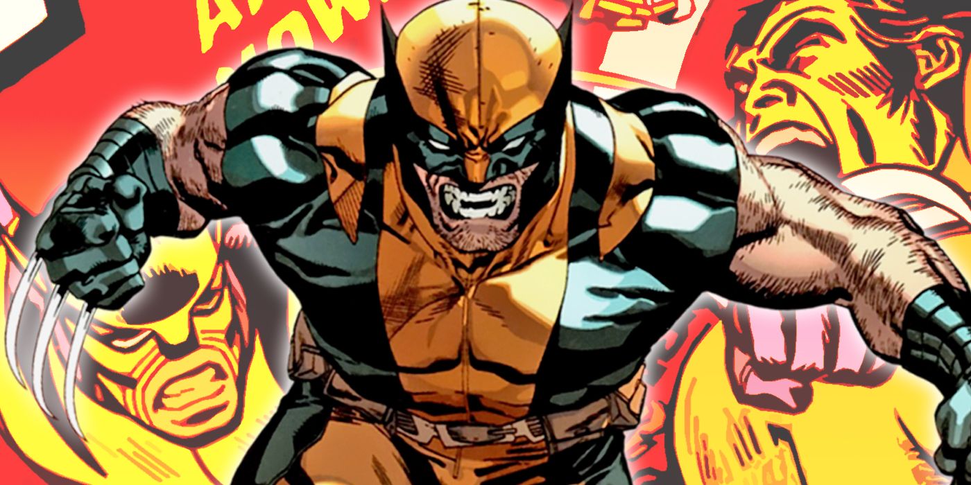 Wolverine rosnando para o espectador com sua primeira aparição cômica ao fundo