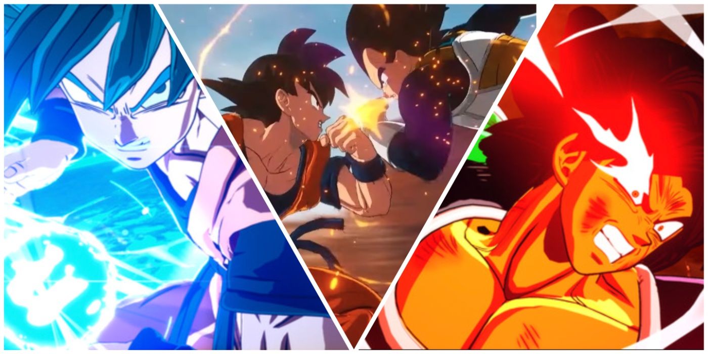 Super Saiyan Blue Goku, Vegeta and Goku fighting, and Broly from Dragon Ball Z: Sparking Zero game.
