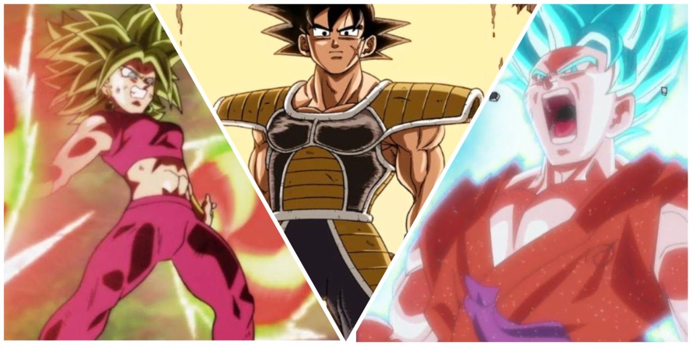 Kefla, Bardock, and Super Saiyan Blue Goku from Dragon Ball.