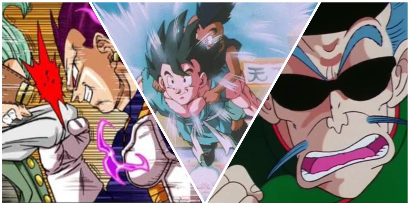 Ultra Ego Vegeta, Uub and Goku, and Master Shen from Dragon Ball.
