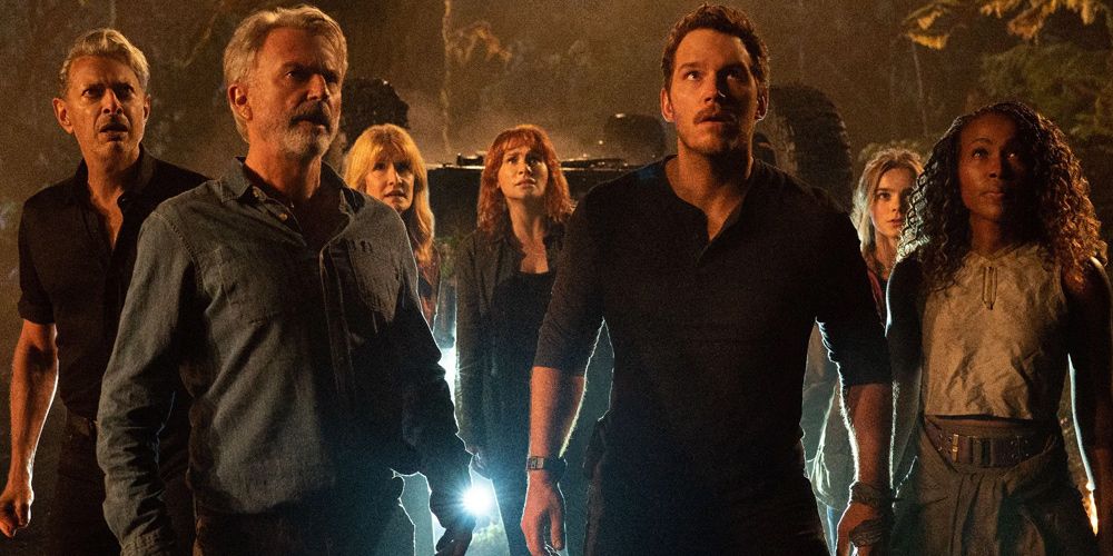 Alan (Sam Neill) and Owen (Chris Pratt) lead the survivors in Jurassic World Dominion