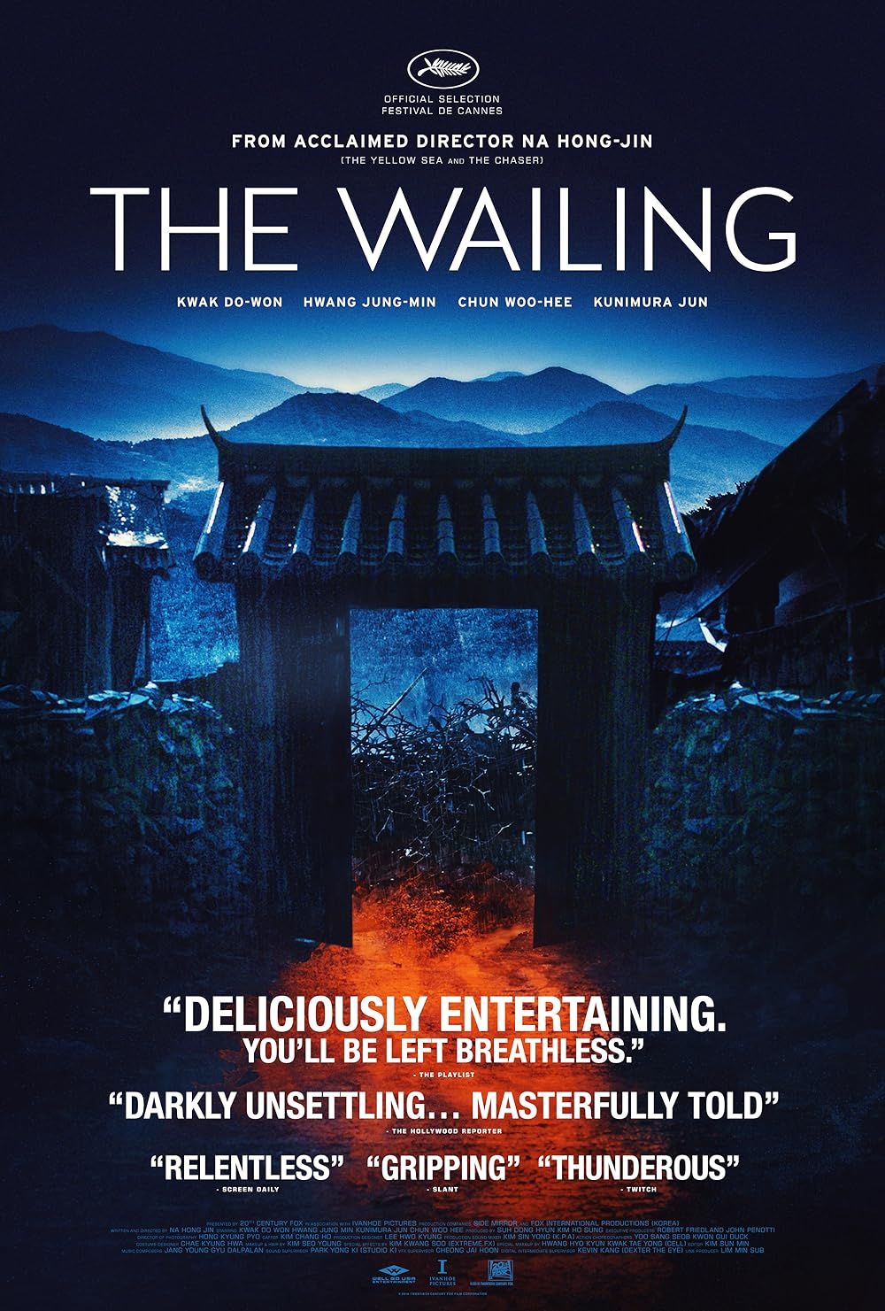 An eerie red light illuminates a thicket seen through a gateway on The Wailing poster