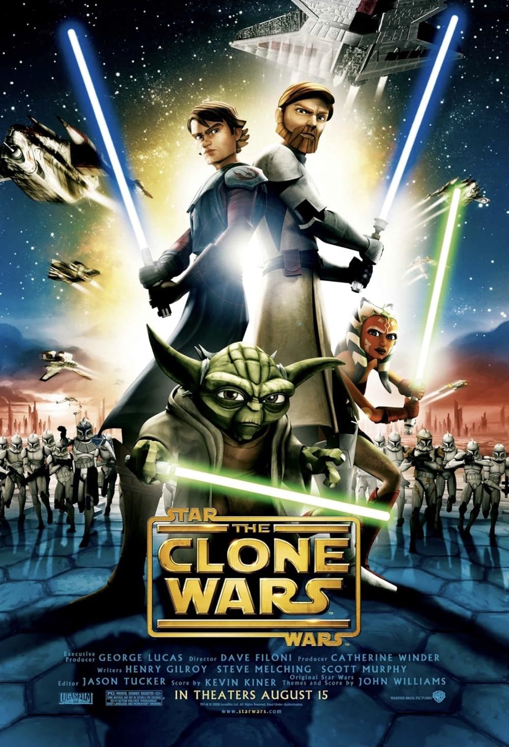 Anakin Skywalker, Obi-Wan Kenobi, Ahsoka Tano and Yoda Stand in front of Clone Soldiers on Star Wars The Clone Wars Movie Poster