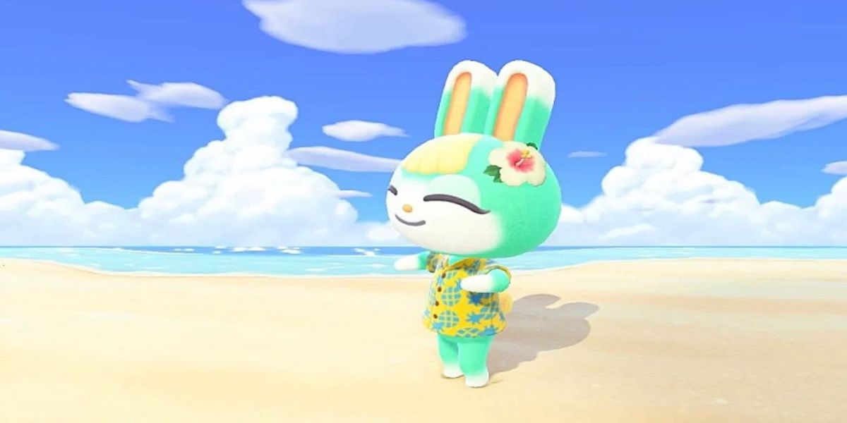 Sasha smiling with a flower accessory from Animal Crossing New Horizons