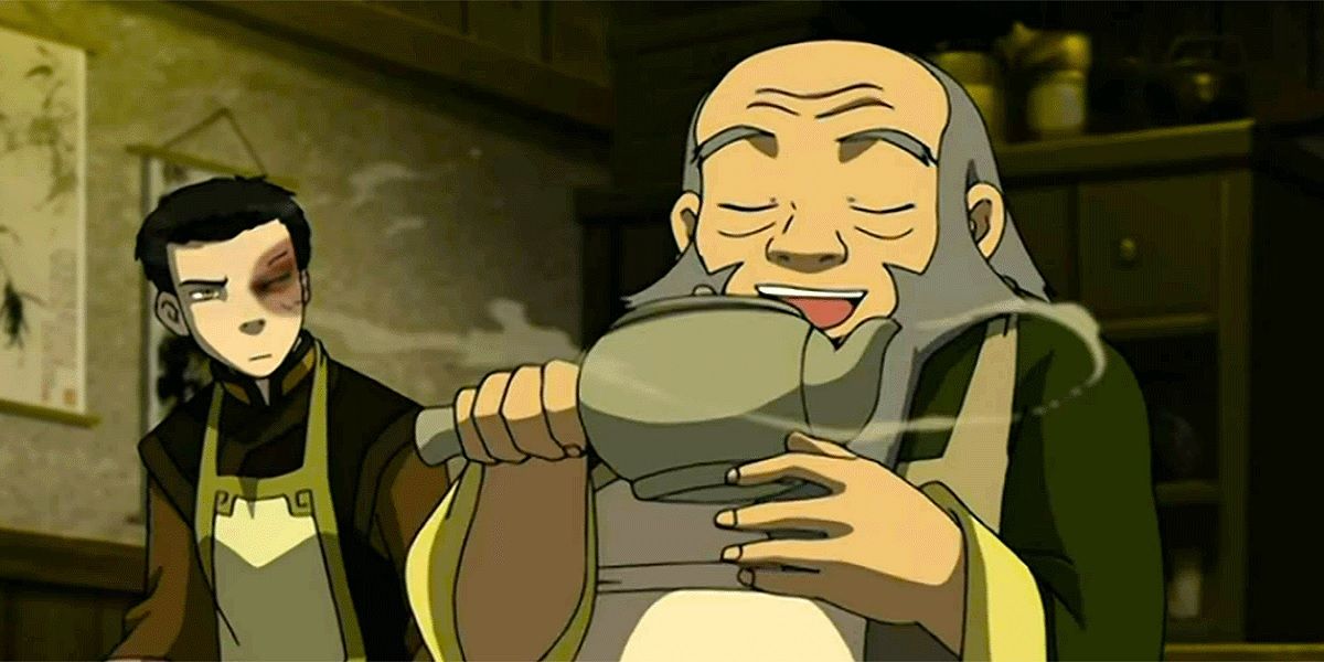Iroh smiling holding a teapot while Zuko glares at him in ATLA