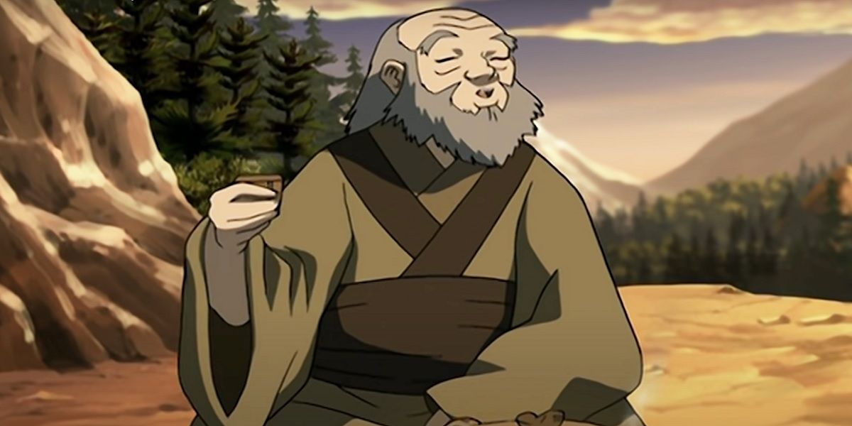 Uncle Iroh holding tea with his eyes closed in Avatar The Last Airbender