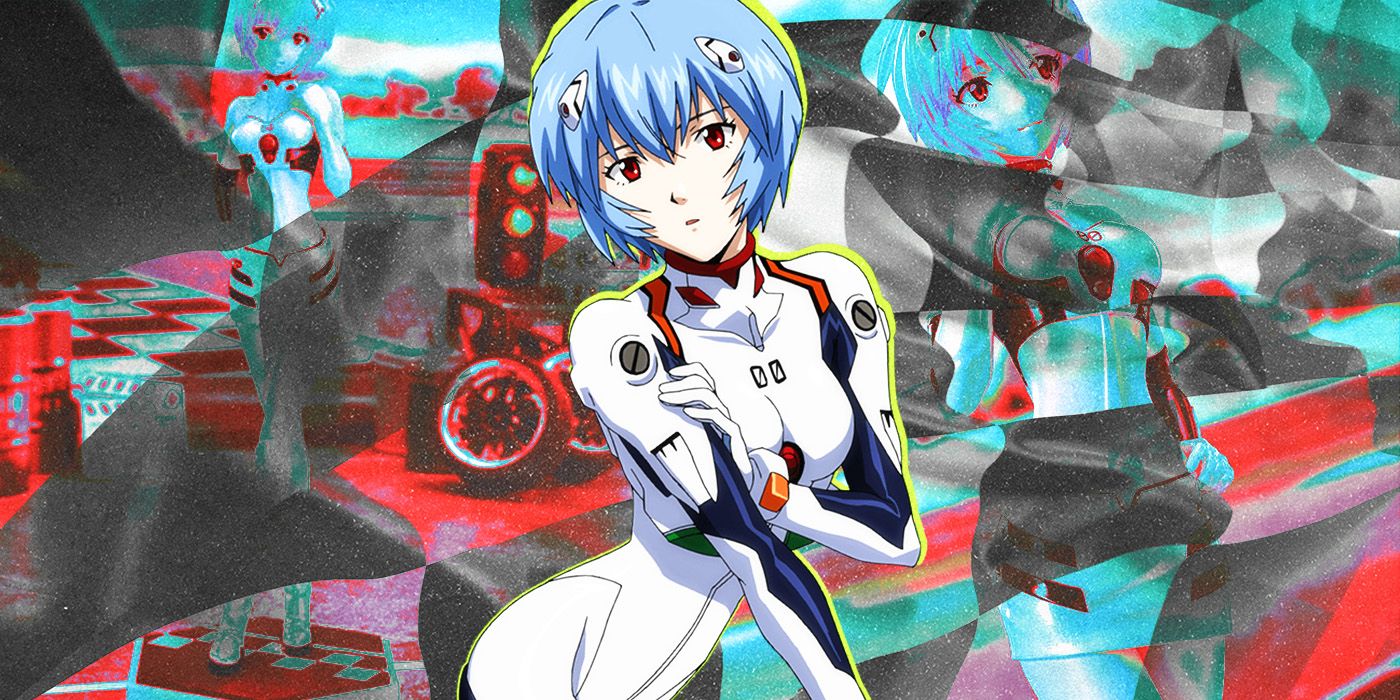 Evangelion's Rei Ayanami from the anime with a collage of race car outfit figures