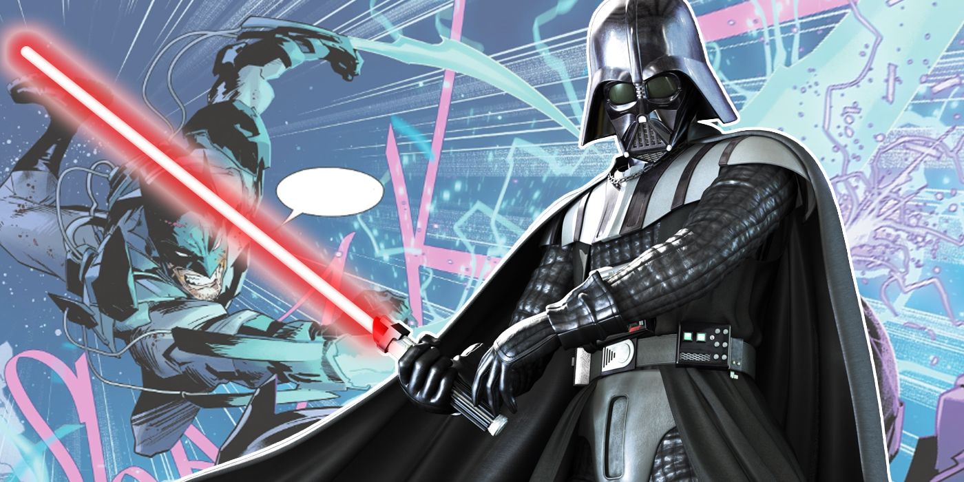 Darth Vader with Batman using a version of lightsabers in the background