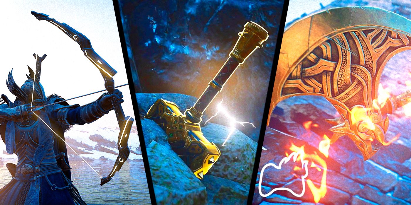 A split image of weapons from Assassin's Creed Valhalla, including Noden's Arc, Mojlnir, and The Sepulcher Axe