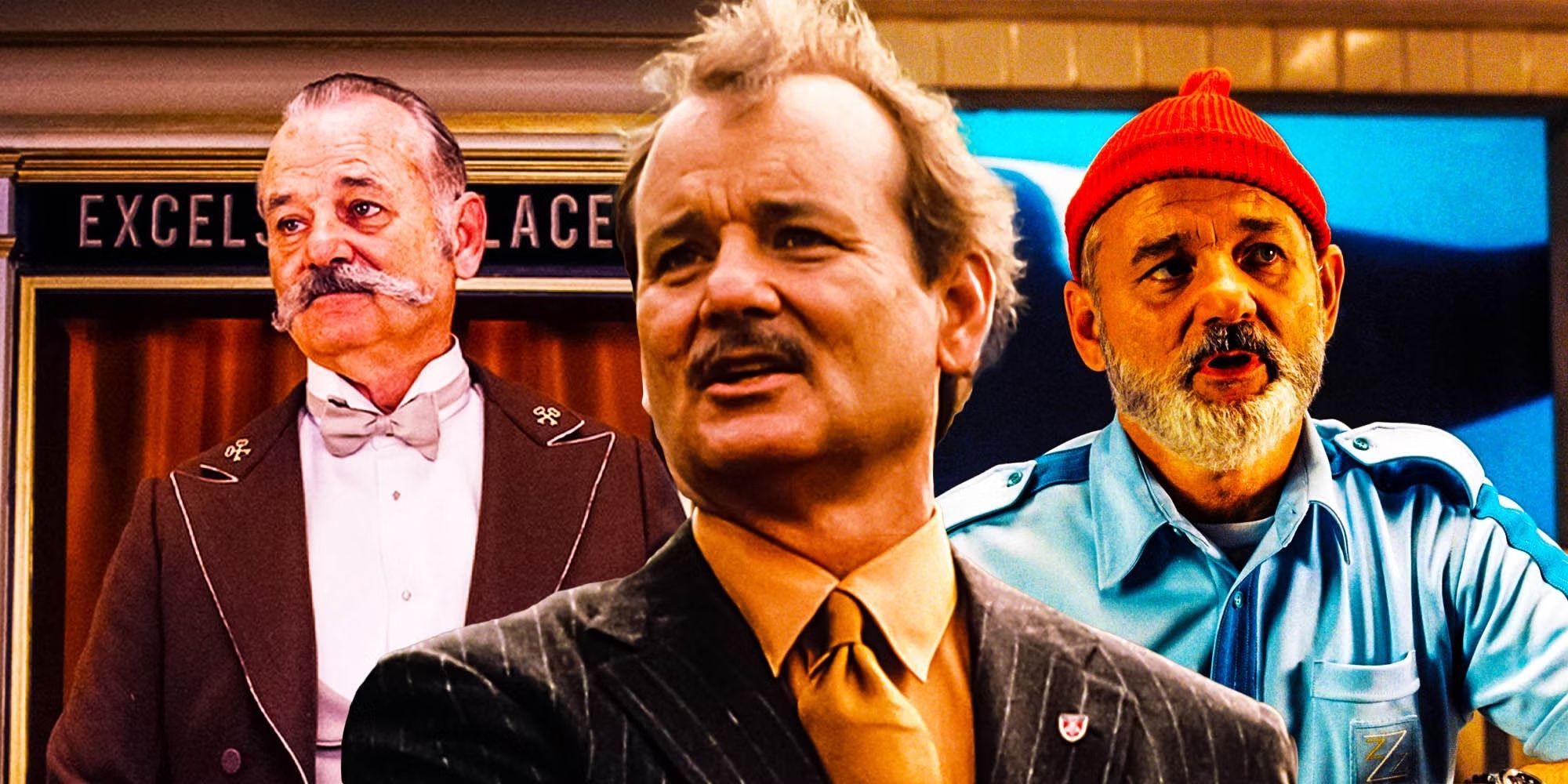 Bill Murray in the Wes Anderson films A Life Aquatic, Rushmore, and Grand Budapest Hotel