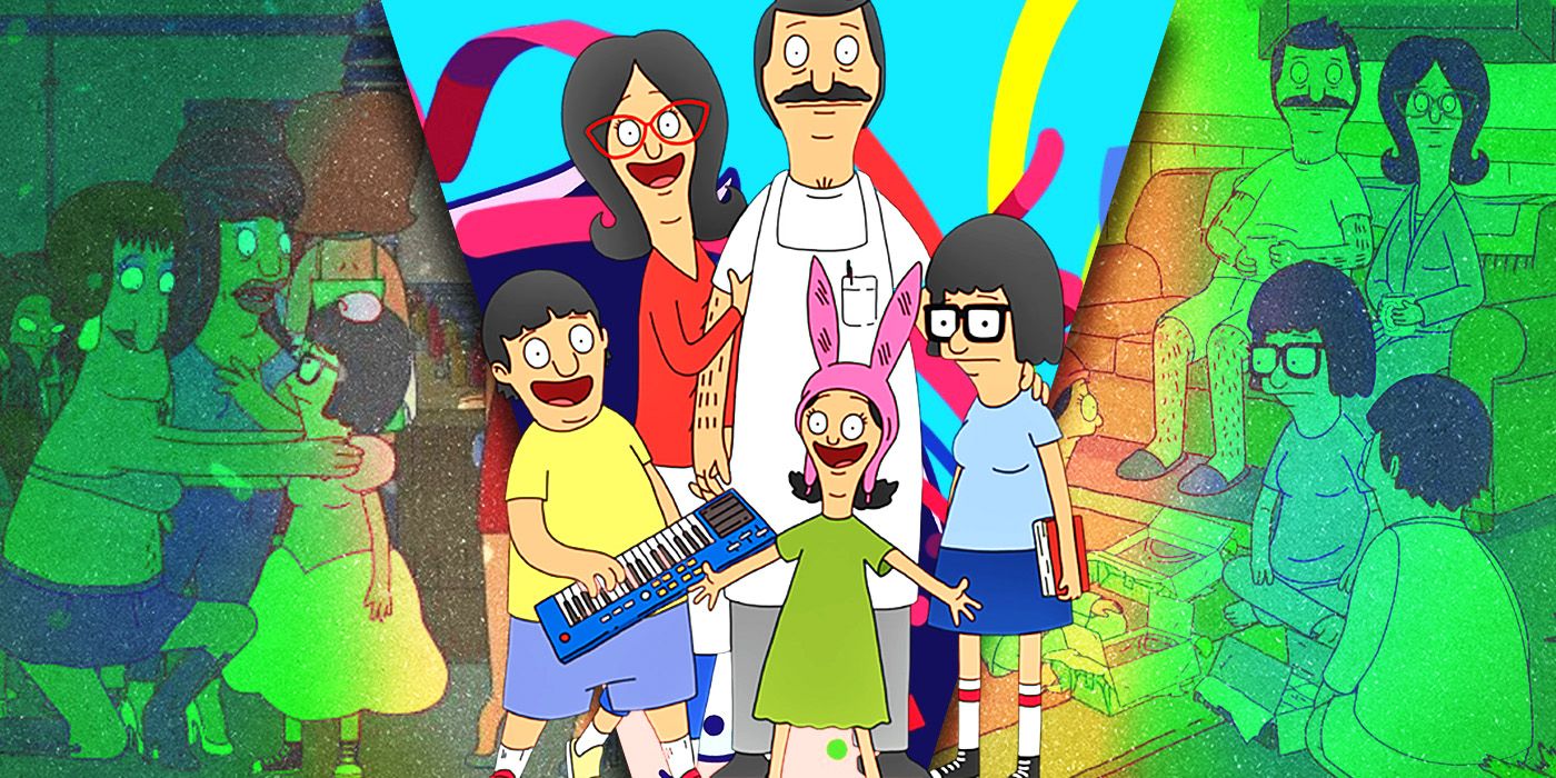 Split image: two ladies giving Tina Belcher advice, the Belchers posing together, & the Belchers in the living room