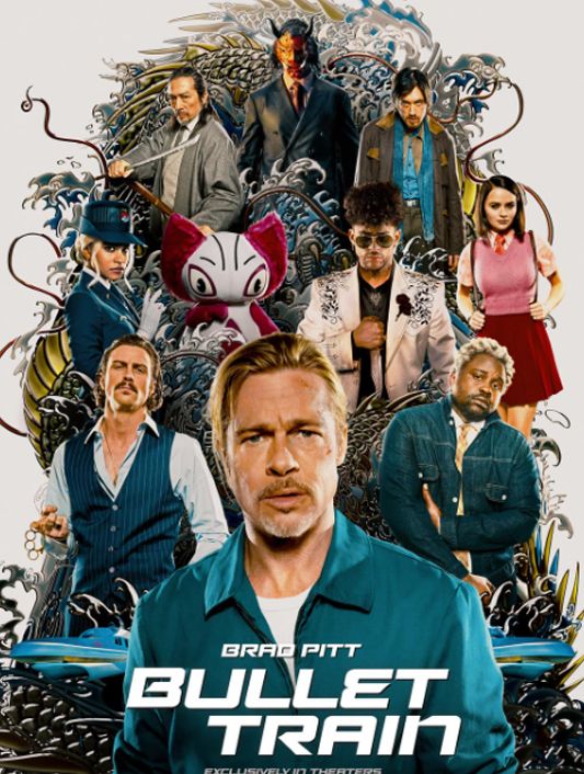 Brad Pitt in the front on the Bullet Train movie poster