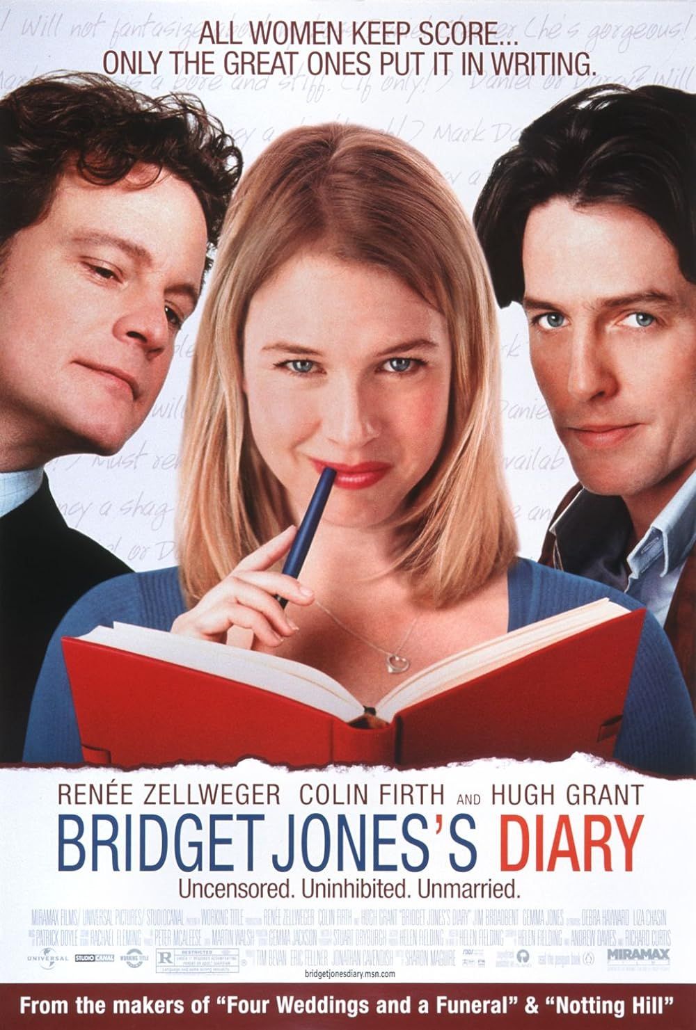 Renee Zellweger, Colin Firth, and Hugh Grant pose mischievously on the Bridget Jones's Diary Poster.