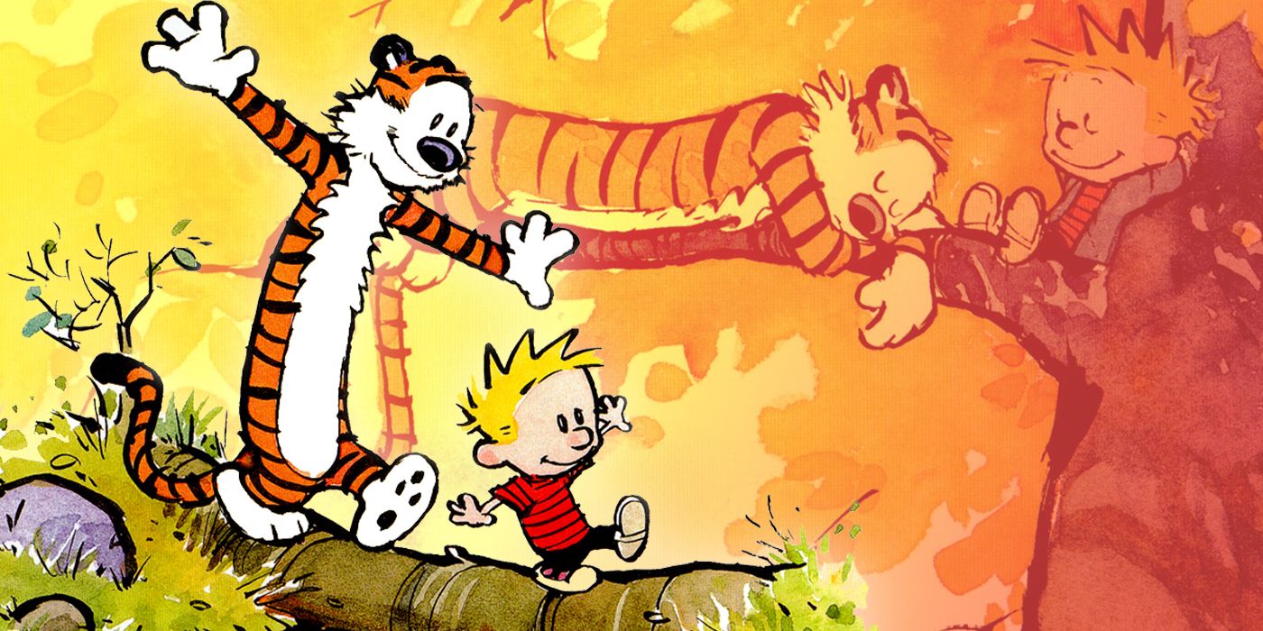 Calvin and Hobbes exploring with the duo relaxing in the background