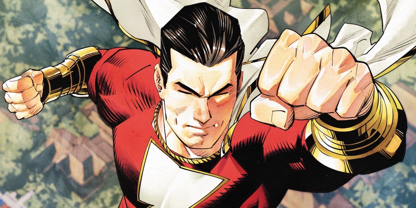 Shazam flying with a fist up