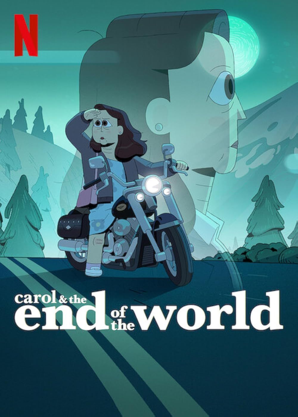 Carol on a motorcycle on the poster of Carol & the End of the World