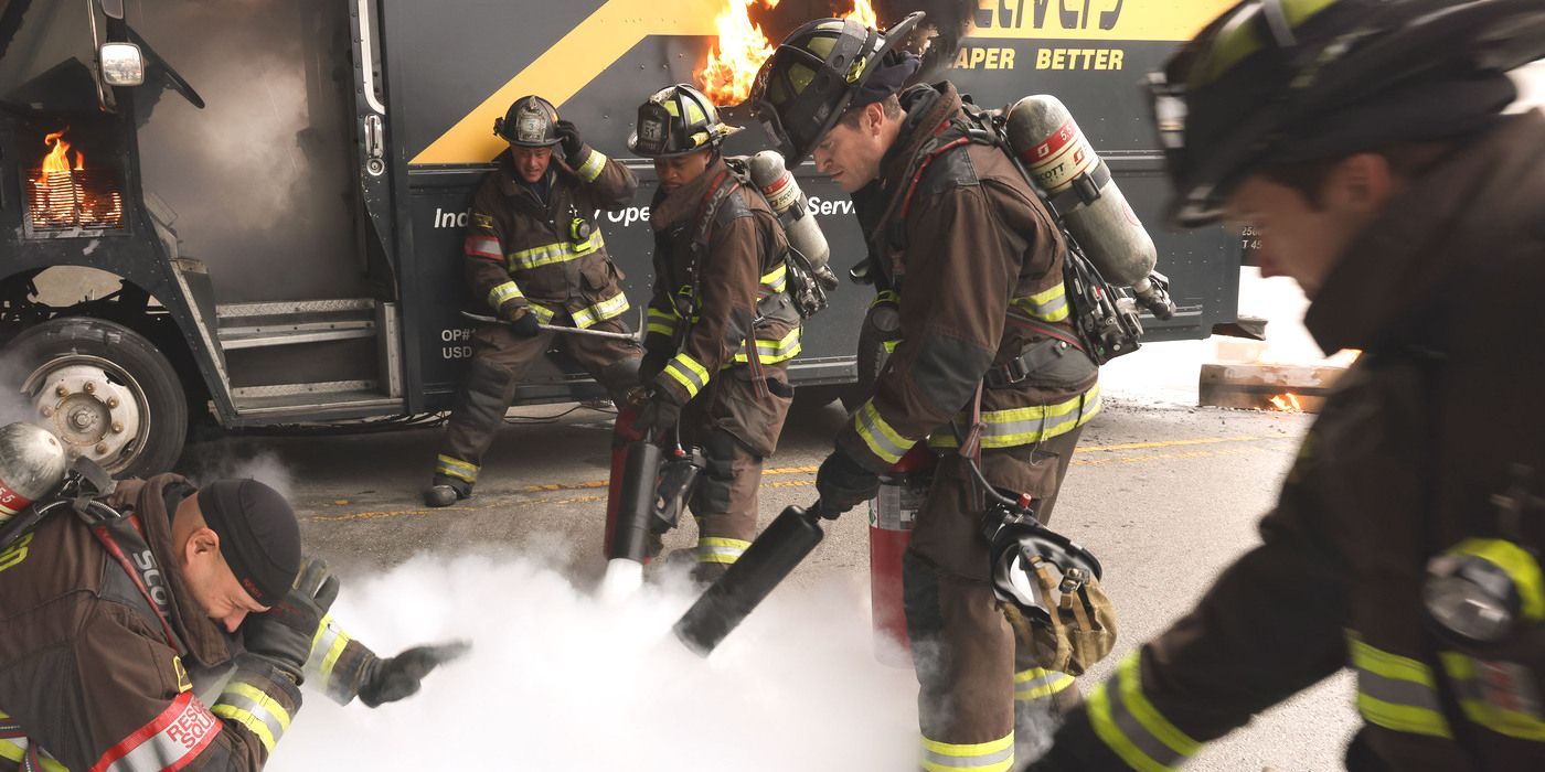 A group of firefighters put out a truck fire with extinguishers in Chicago Fire Season 12