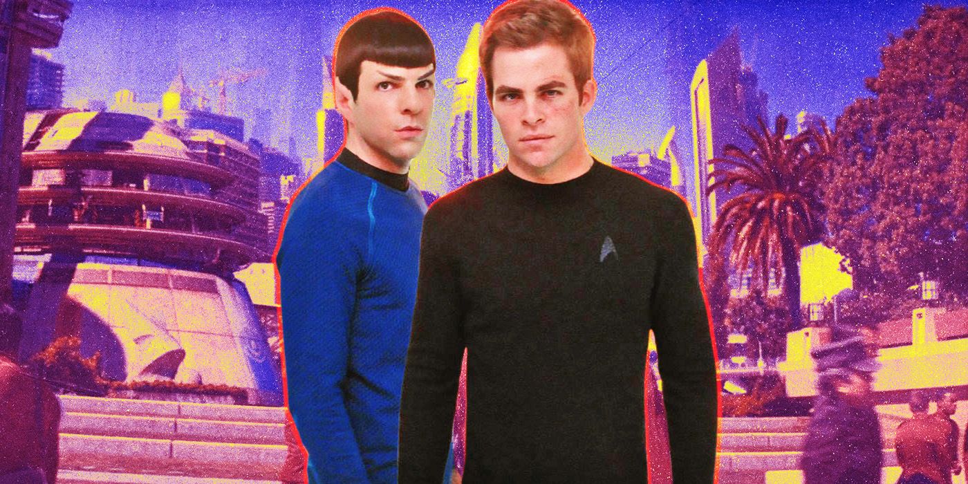 Chirs Pine and Zachary Quinto as Kirk and Spock in front of a Starfleet Academy scene