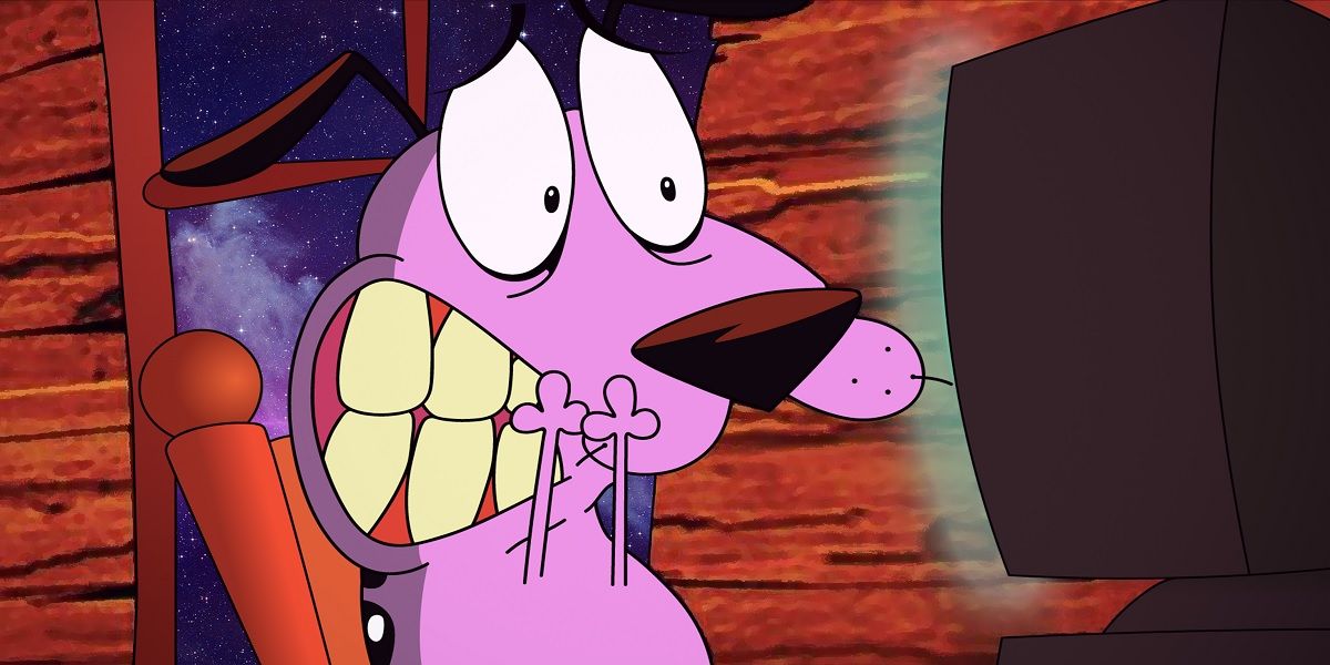 Courage afraid of the PC monitor from Courage The Cowardly Dog