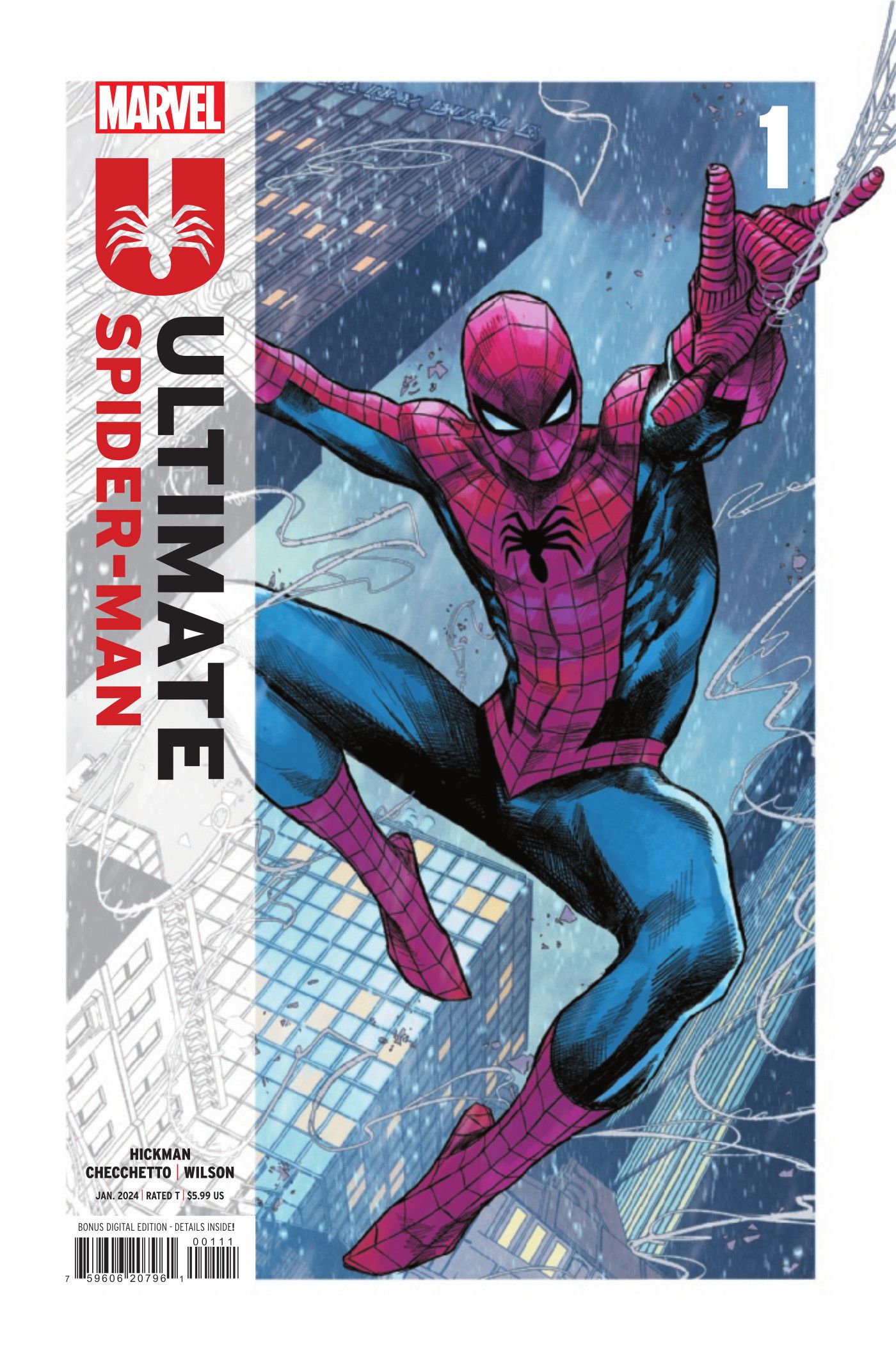 Spider-Man slings his web over the city on the Ultimate Spider-Man #1 Cover by Marco Checcetto and Matthew Wilson