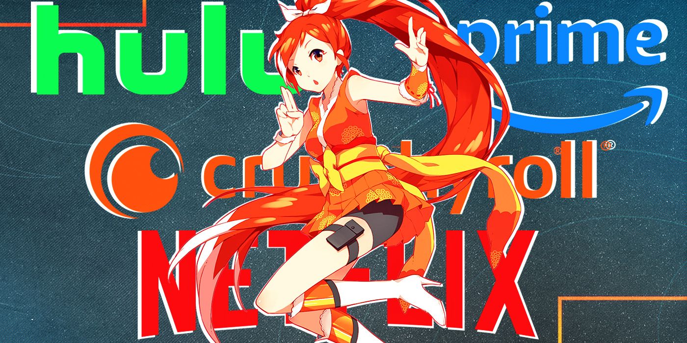 The logos for Hulu, Prime, Crunchyroll and Netflix with Crunchyroll's mascot, Hime