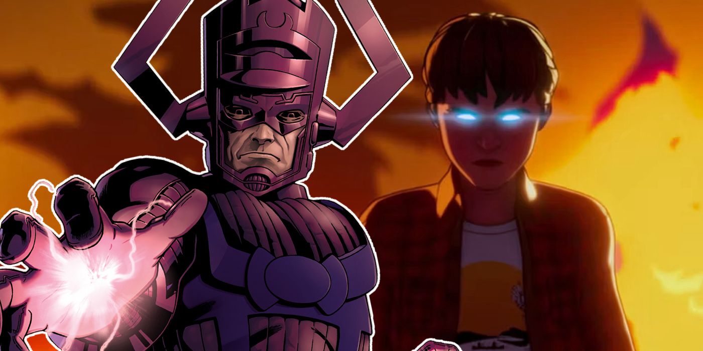 Split image of Marvel's Galactus with Celestial Peter Quill from What If...? Season 2 in the background.