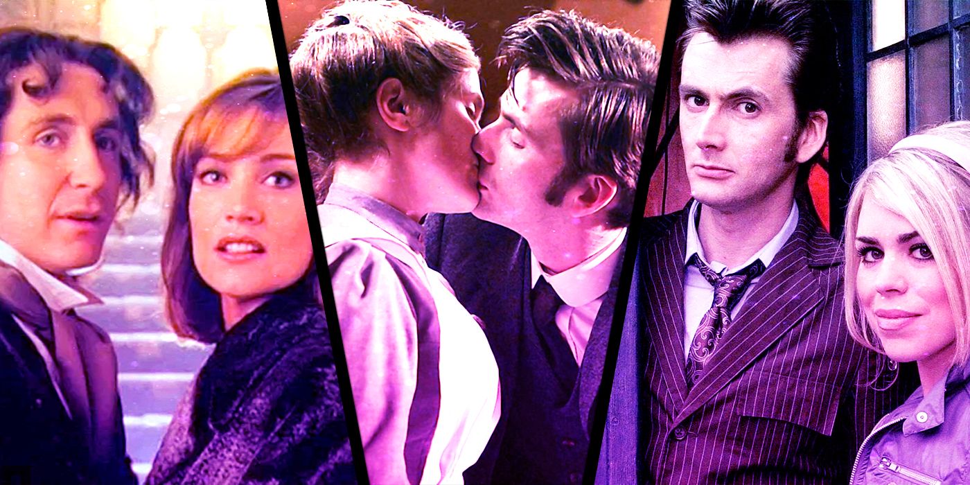 Three-way split image of different Doctor Who love interests