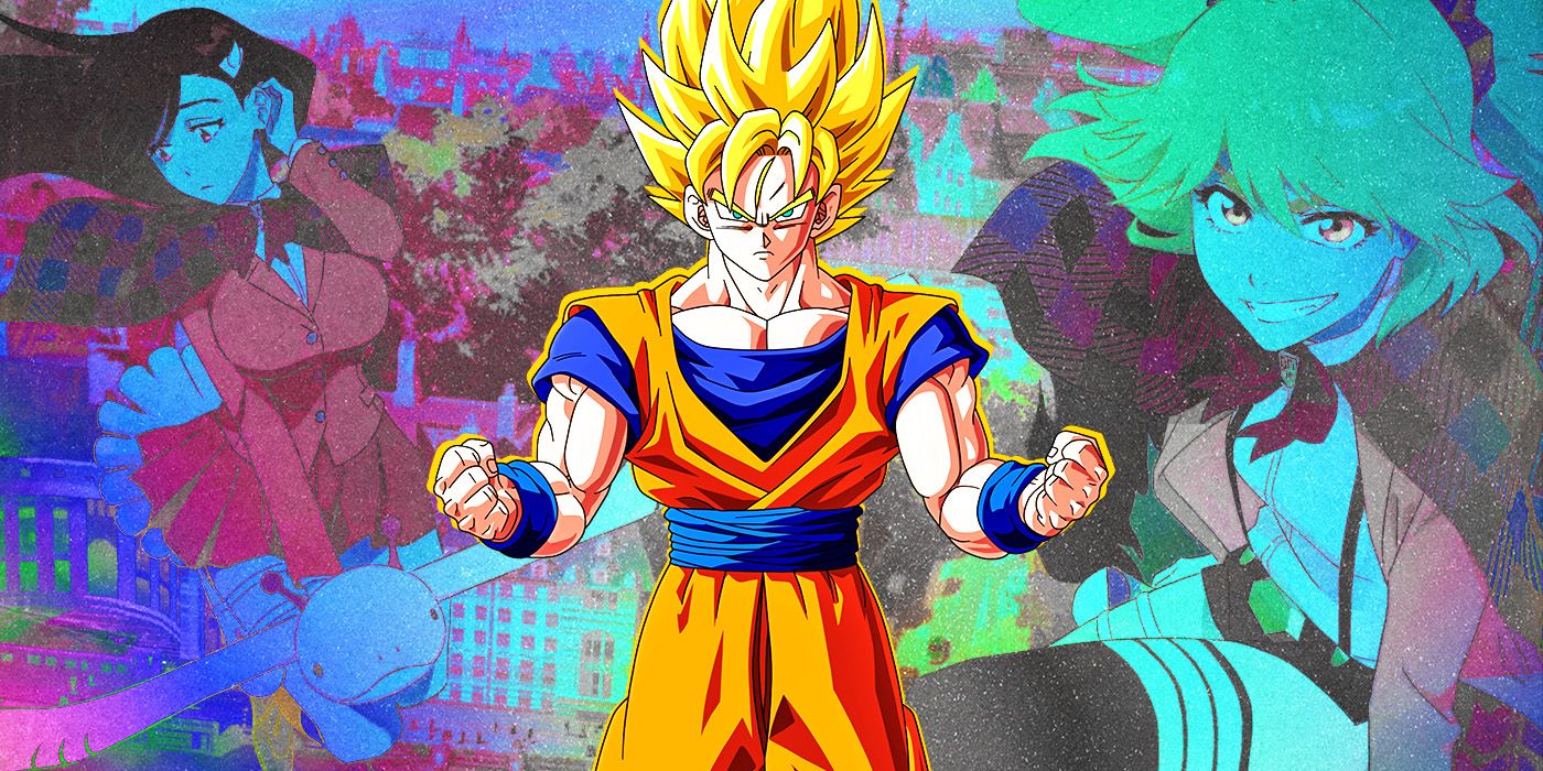 DBZ's Goku as a Super Saiyan with Burn the Witch characters in the background