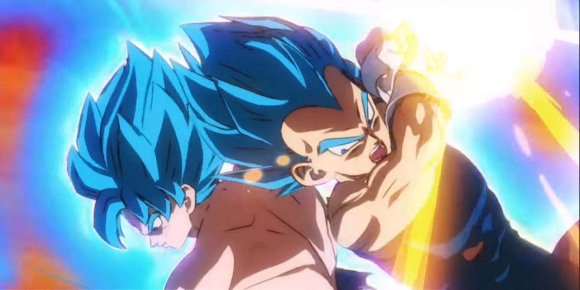 Super Saiyan Blue Goku and Vegeta power up attack against Broly in Dragon Ball Super: Broly.