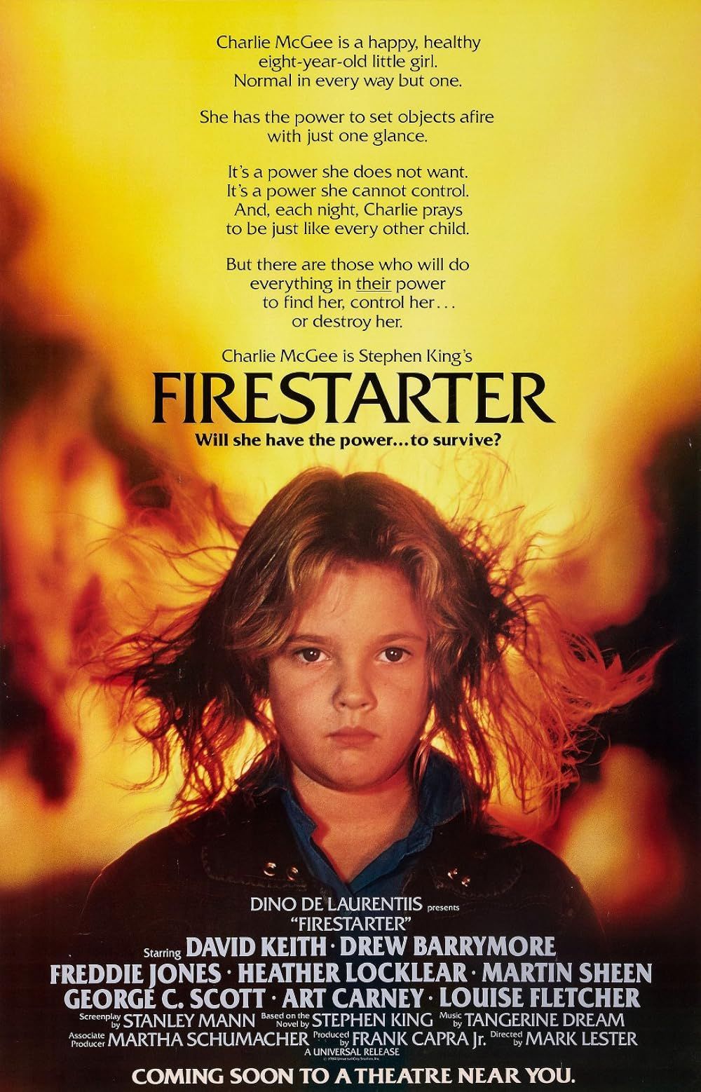 Drew Barrymore como Charlie no pôster de Firestarter