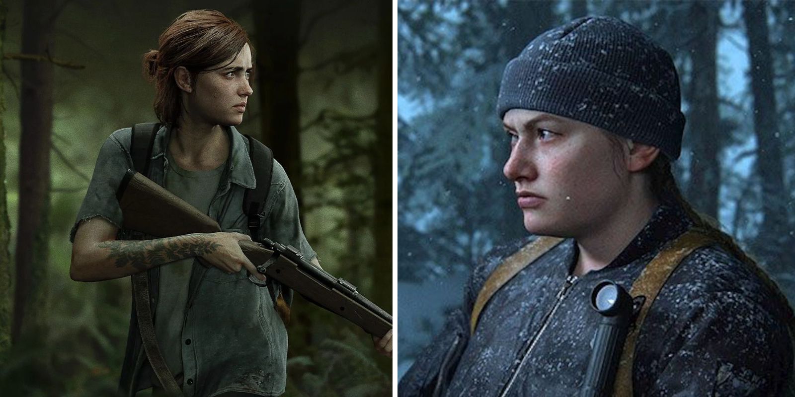 A split image of character art showing Ellie holding a rifle in a wooded area and a flipped in-game screenshot of Abby in snowy Jackson, Mississippi in The Last of Us Part II.