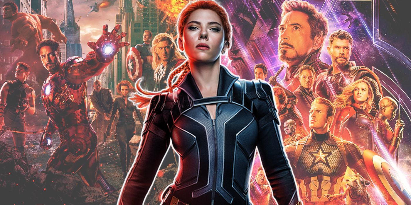 The MCU's Black Widow with posters for The Avengers and Avengers: Endgame in the background