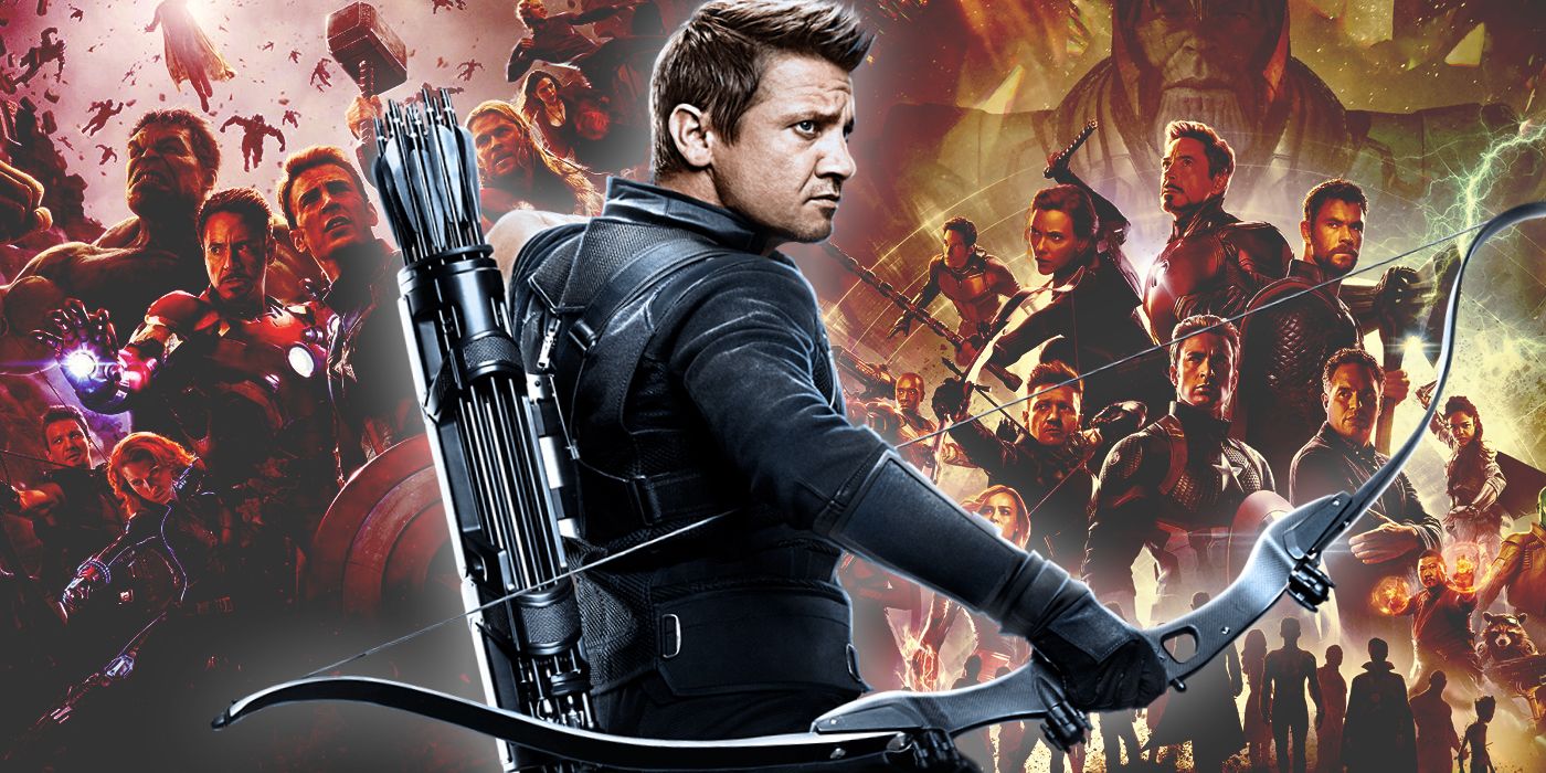 Hawkeye from the MCU with posters for Avengers: Age of Ultron and Avengers: Endgame in the background