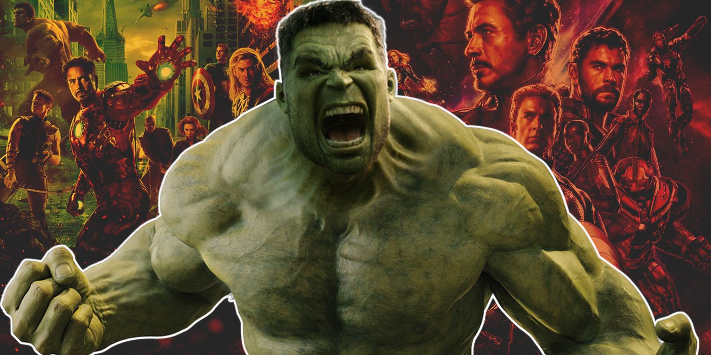 The MCU's Hulk with posters for The Avengers and Avengers Endgame in the background