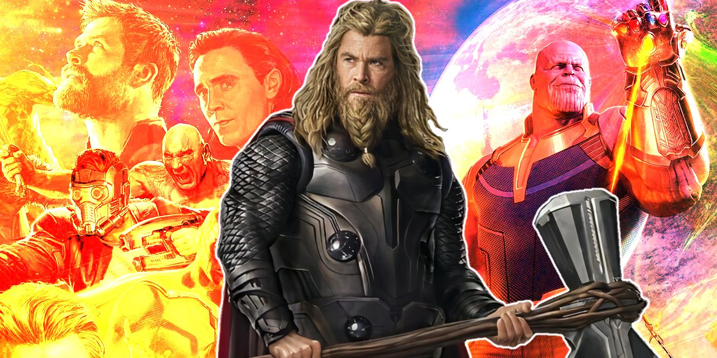 Thor from Avengers Endgame with a colorized poster for Avengers Infinity War in the background