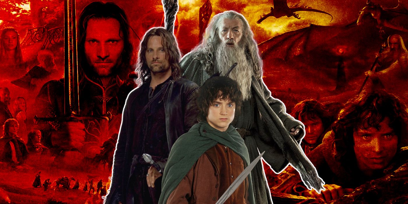 Frodo, Aragorn, and Gandalf with a poster for The Lord of the Rings in the background