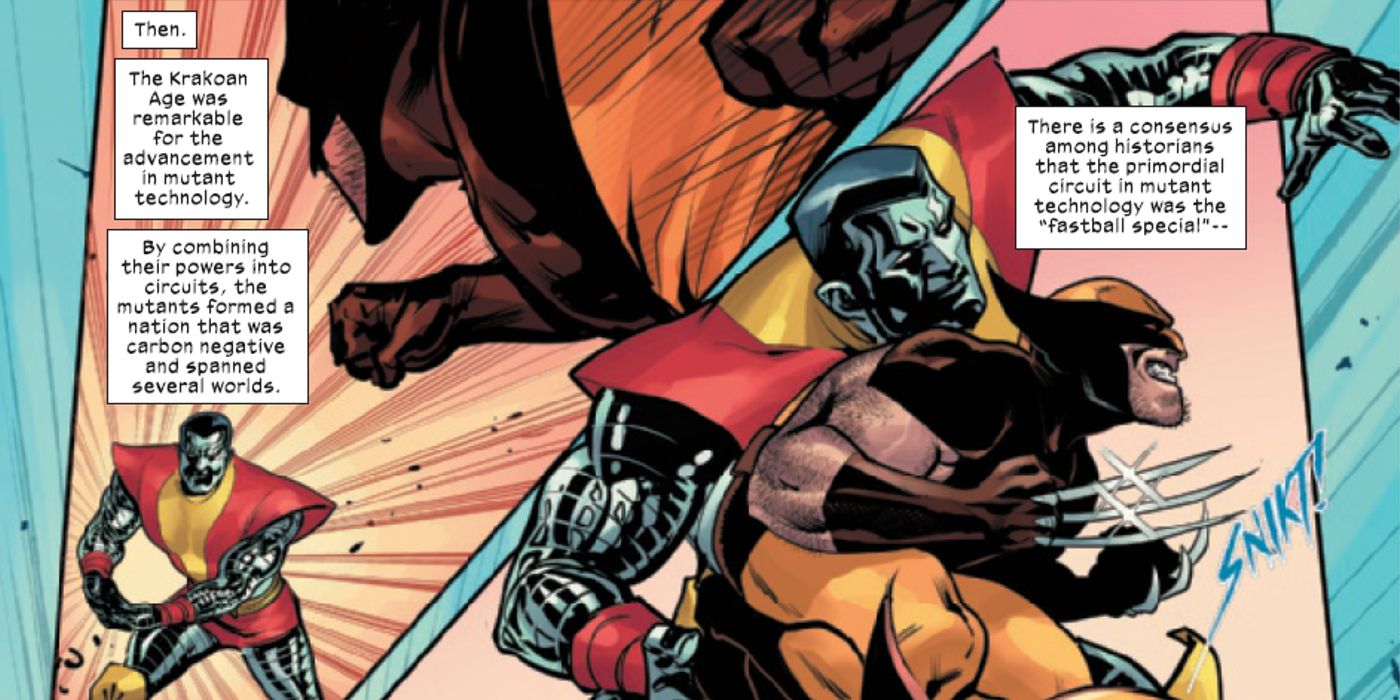 Wolverine e Colossus sacando uma bola rápida especial nas páginas de queda da casa de x 1