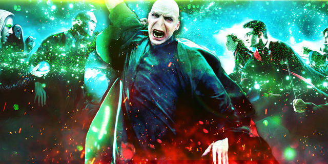 Feature Image of Lord Voldemort in the foreground, while Harry and his friends fight Voldemort and his Death Eaters in the background