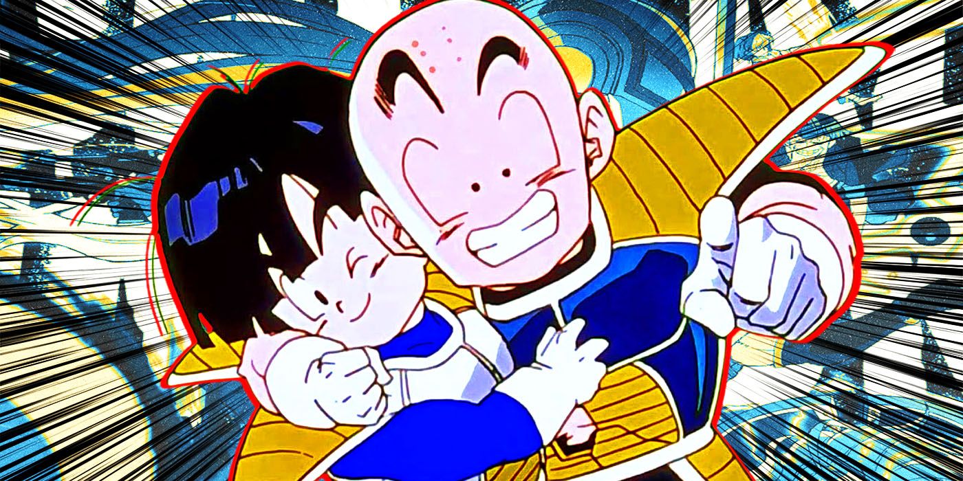 Gohan and Krillin grinning and wearing Saiyan battle uniforms in Dragon Ball Z