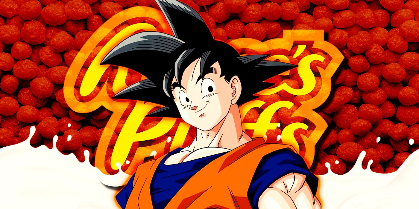 Goku from the Dragon Ball Z anime smiling in front of the Reese's Puffs cereal logo