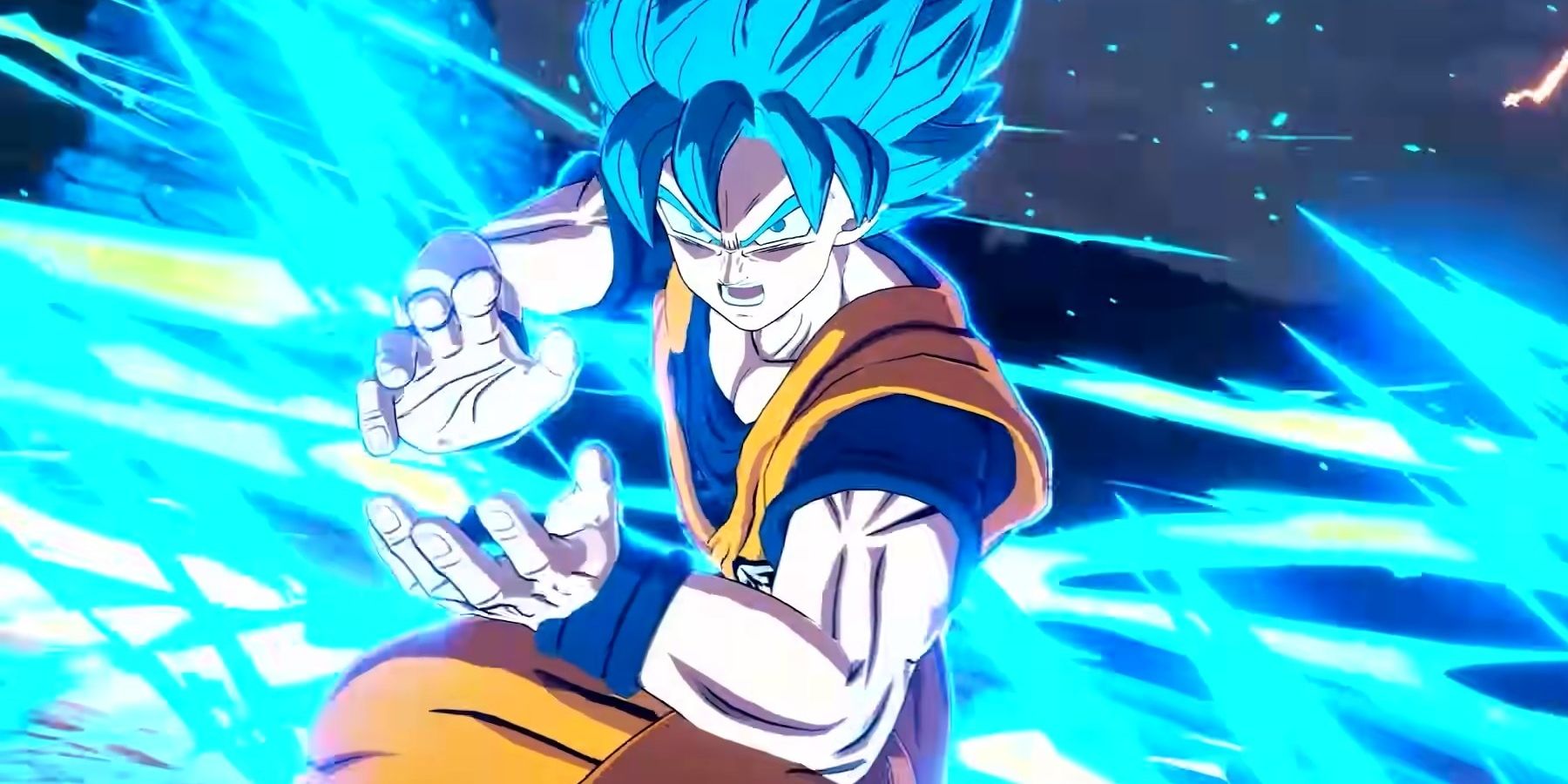 Goku in his Super Saiyan Blue form in Dragon Ball: Sparking! Zero poised to attack.