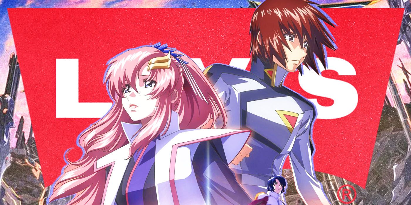 Gundam Seed Freedom's Lacus and Kira against the official Levi's clothinf logo
