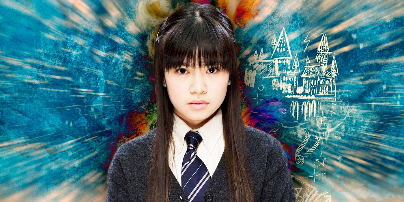 Cho Chang from the Harry Potter series in front of a stylized background depicted Hogwarts