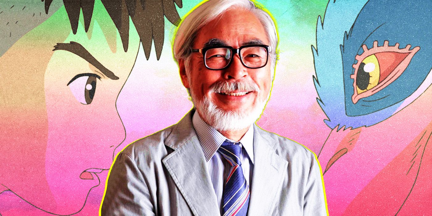 Studio Ghibli's Hayao Miyazaki with The Boy and the Heron in the background