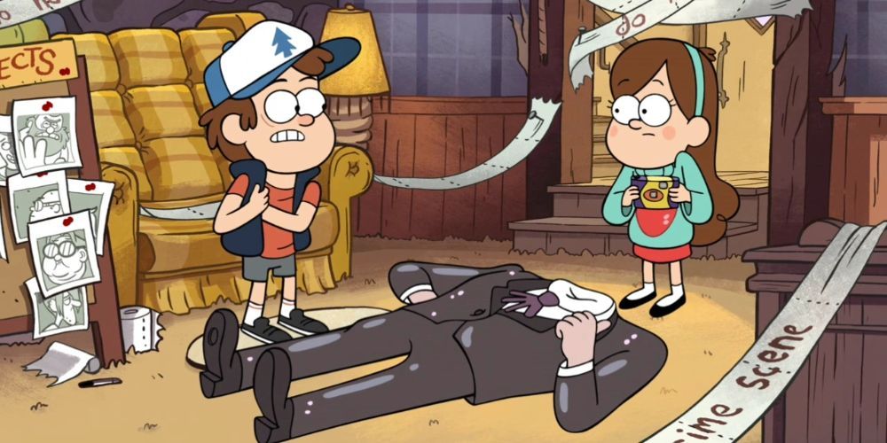 Dipper e Mabel em pé sobre uma estátua de cera decapitada no episódio Headhunters de Gravity Falls