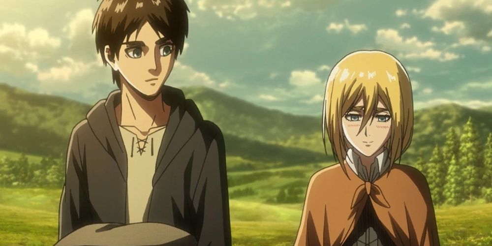 Historia blushing next to Eren in Attack on Titan