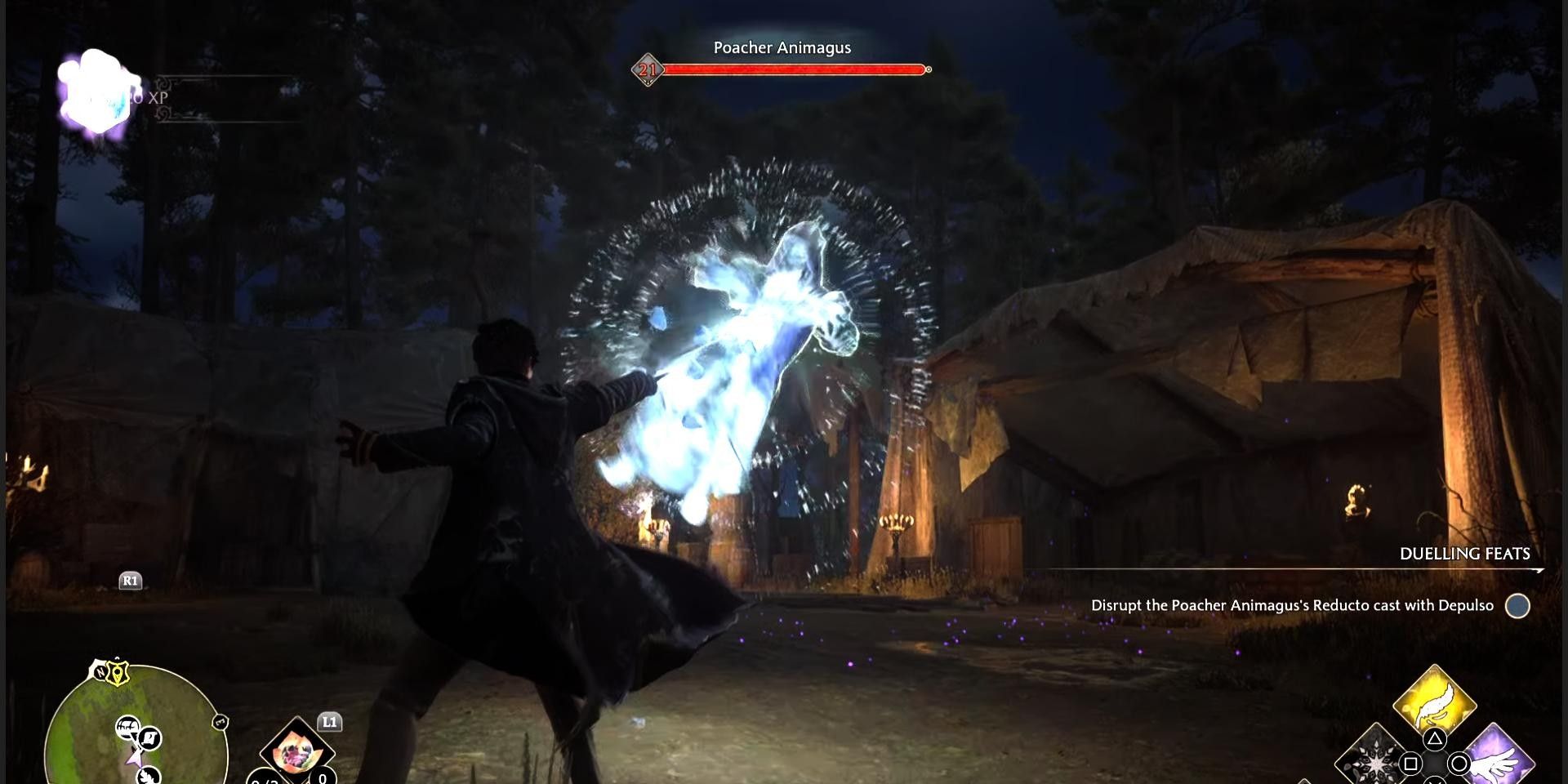 The player uses the Depulso spell against an enemy in Hogwarts Legacy
