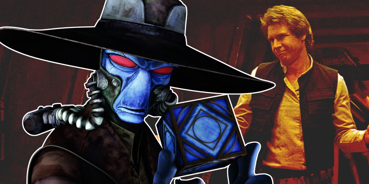Split image of Cad Bane holding a Holocron with Han Solo from Star Wars shrugging in the background